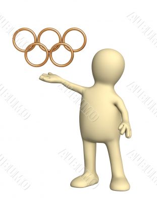 3d puppet holding gold Olympic symbol
