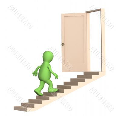 Puppet walking upstairs to an open door
