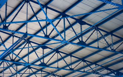 white-blue geometric ceiling of stadium tribune
