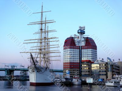 sail ship in the harbour in beautiful sunset