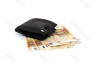 Leather purse with several banknotes of euro