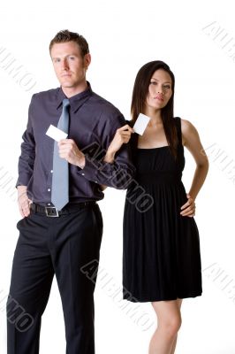 businessman and woman showing blank  bussiness card