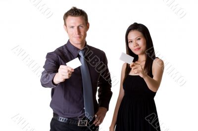 businessman and woman showing blank  bussiness card