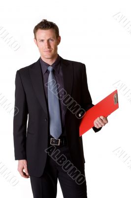 caucasian business man holding a clip board