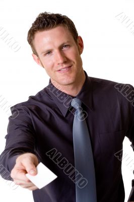 caucasian businessman presenting business card