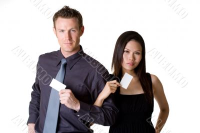 businessman and woman showing blank  bussiness card