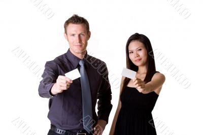 businessman and woman showing blank  bussiness card