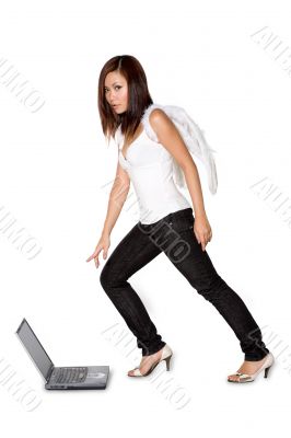 woman angel pointing at laptop curiously
