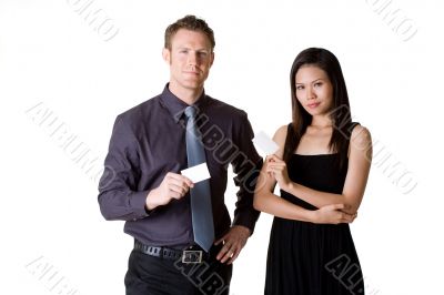 businessman and woman showing blank  bussiness card