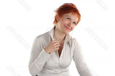 Flirting business woman isolated on white background