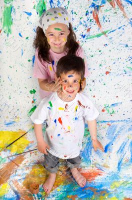 Friends playing with painting