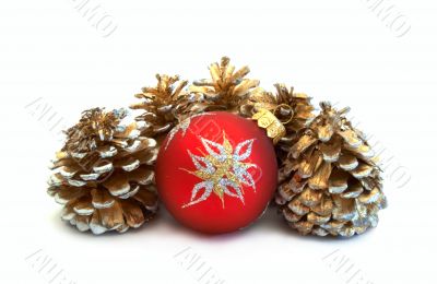 Red christmas ball with pine cones
