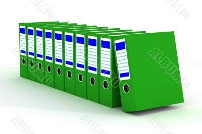 Row of green folders with documents on a white background