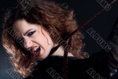 Woman with long curly hair in extasy