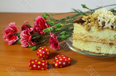 Bouquet of flowers and cake
