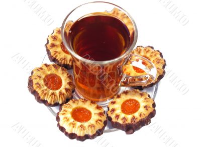 Sweet dessert. Cookies whith jelly and tea