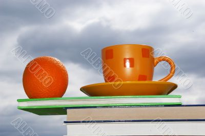 Orange, cup and books