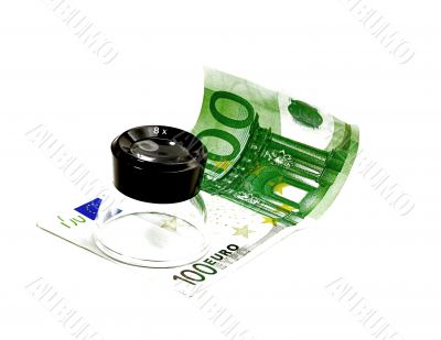 one undred euro bill and a lupe