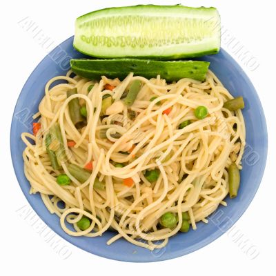 Spaghetti and green cucumber