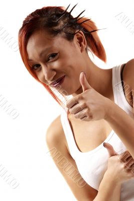woman point thumb