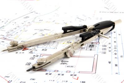 Building plan with pair of compasses