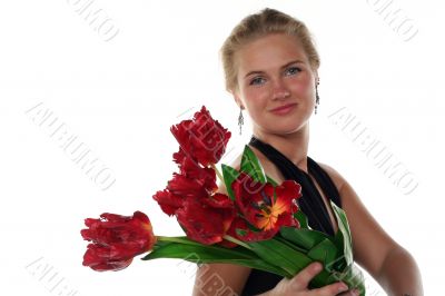 woman in dress with tulips flowers isolated on white background