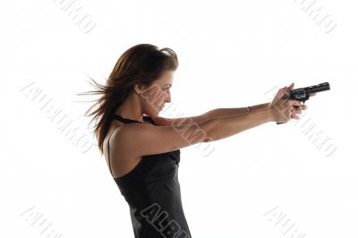 young woman with revolver isolated on white background