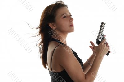 young woman with revolver isolated on white background