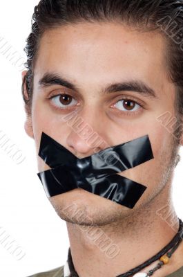 Man with masking tape on mouth