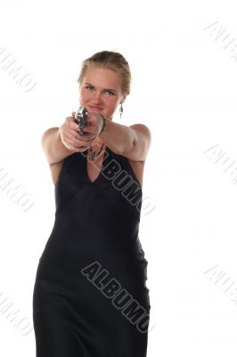 young blond woman with revolver isolated on white background