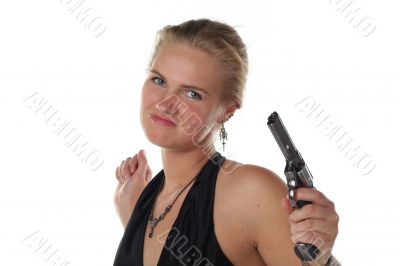 young blond woman in black dress with revolver isolated on white background