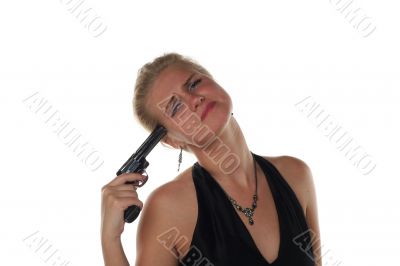 young blond woman in black dress with revolver isolated on white background