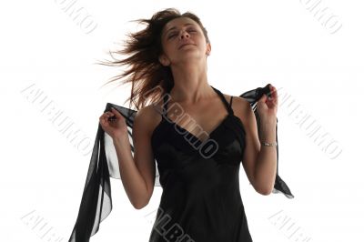 Girl in black dress with scarf isolated on white background