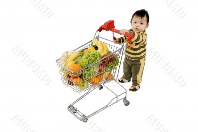 Baby pushes a shopping cart