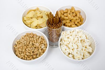 Chips peanuts popcorn salted sticks