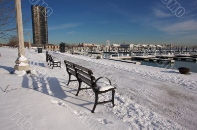 Empty Snowy Bench in Chicago