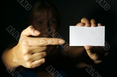 Woman Holding Blank Blank Business Card