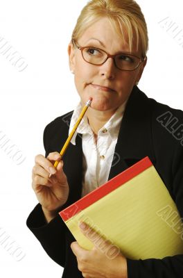 Beautiful Woman Thinks with Pencil & Notepad
