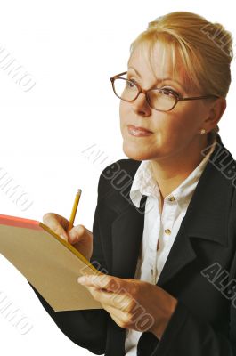 Beautiful Woman Thinks with Pencil & Notepad