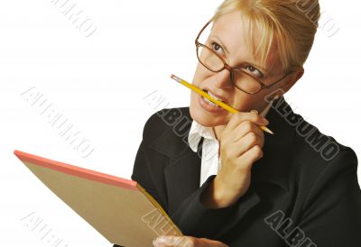 Beautiful Woman Thinks with Pencil & Notepad