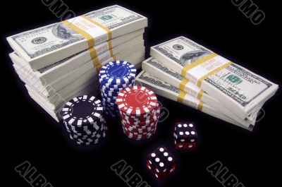 Hundred Dollar Bills, Red Dice & Poker Chips