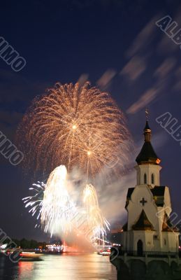 firework and church on river