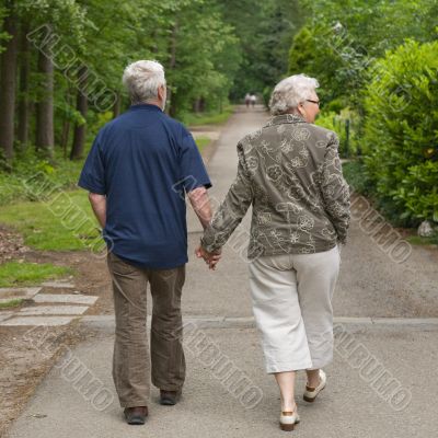 Elderly couple walking hand in hand