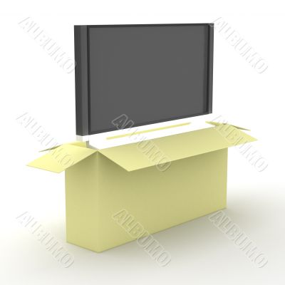 TV in a packing box. 3D image.