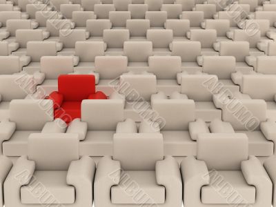 Row of white armchairs and one red. 3D image.