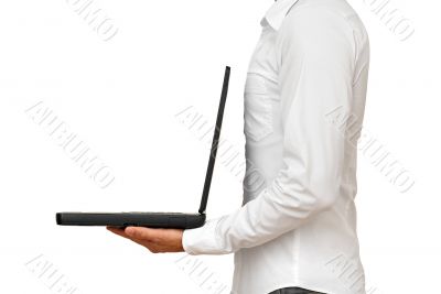 Casual man with nootebook in his hands, isolated.