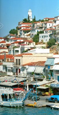 View of clock tower in greek town