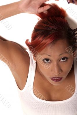 woman looks up