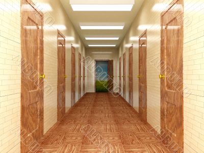 Corridor with a several of doors. 3D image.