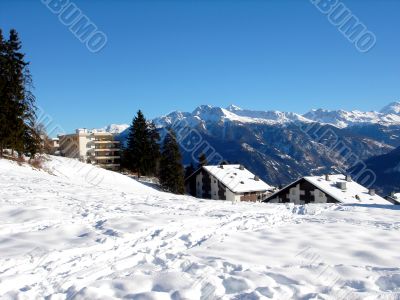 Chalets in winter snow